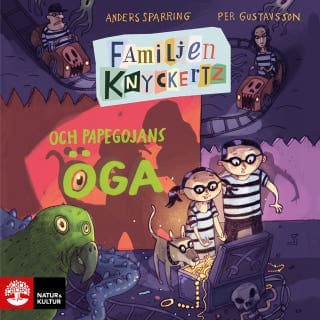 Familjen Knyckertz och papegojans öga – Per Gustavsson och Anders Sparring, ljudbokens omslag