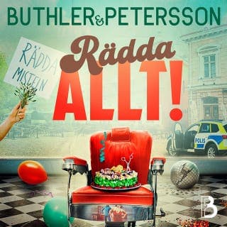 Rädda allt! – Dan Buthler och Åsa Petersson, ljudbokens omslag