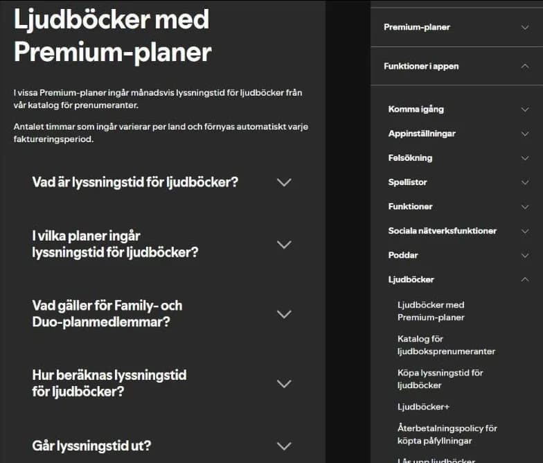 Skärmbild av Spotifys hjälpsida Ljudböcker med Premium-planer: frågor om lyssningstid, vilka planer som ingår och hur tiden räknas